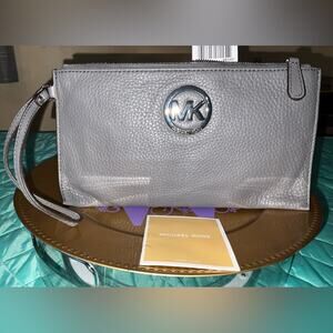 Michael Kors Heather Grey Minimalist Fulton Zip Leather Clutch Wristlet NWT OS
